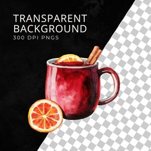May include: Watercolor illustration of a mug of mulled wine with a slice of orange and cinnamon sticks. A sliced orange is next to the mug. The text "TRANSPARENT BACKGROUND 300 DPI PNGS" is at the top.