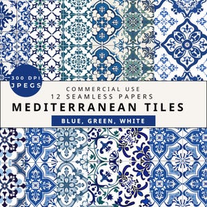 Mediterranean Tile Clipart: Blue & White Seamless Patterns (Digital Download)