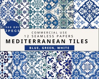 Mediterranean Tile Clipart: Blue & White Seamless Patterns (Digital Download)