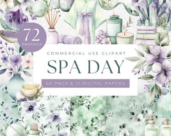 Spa Day Clipart: Sage Green & Lavender Graphics (Digital Download)