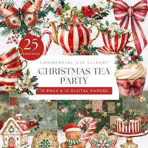 Può includere: Un set di clipart digitali con il tema di un tea party natalizio. L'immagine presenta una teiera a righe rosse e bianche, tazze da tè e un cupcake. L'immagine include anche un omino di pan di zenzero, bastoncini di zucchero e una farfalla. Il testo recita "Christmas Tea Party".