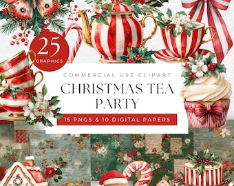 Christmas Teapot Clipart, Tea Party, Afternoon Tea, Digital Download, Holiday Invitation, Arts Crafts Celebrations, Watercolor Festive PNG