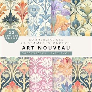 May include: A selection of 22 seamless Art Nouveau papers with floral and abstract patterns. The papers display a range of colours, including blues, oranges, pinks, and greens. The image includes the text "22 300 DPI JPEGS" and "ART NOUVEAU 3600X3600PX 30.5x30.5cm".