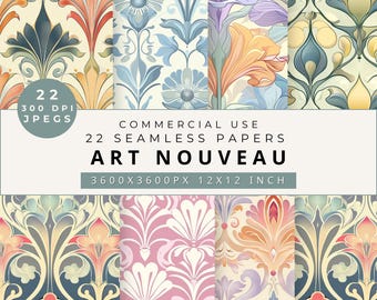 Pastel Art Nouveau Seamless Patterns: Printable Floral Wallpaper (Digital Download)
