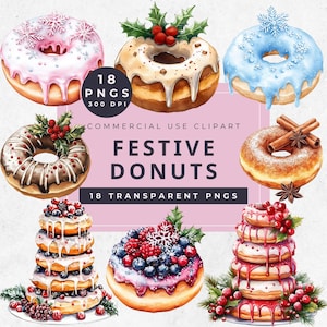 Watercolor Christmas Donuts Clipart: Festive Bakery PNG (Digital Download)