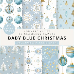 May include: 20 digital papers featuring a baby blue and gold Christmas theme. The patterns include snowflakes, baubles, trees, and leaves.