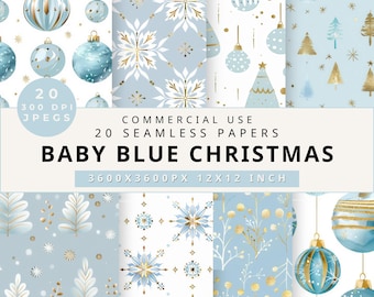 Gold & Baby Blue Christmas Digital Paper: Seamless Holiday Patterns (Digital Download)