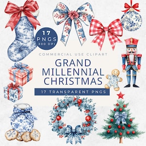 Grandmillenial kerstclipart, kerstclipart chinoiserie, blauw en rood toile-patroon, snoepriet png, preppy kerstmis, rode strik png
