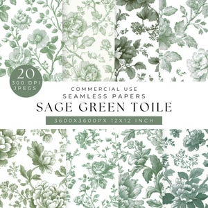 May include: A collection of sage green toile seamless papers featuring floral designs. The image displays 20 digital JPEG files with various patterns. Text on the image includes "Commercial Use Seamless Papers" and "Sage Green Toile". The dimensions are 30.48 x 30.48 cm.