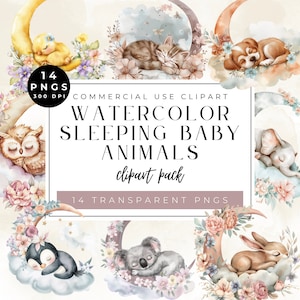 Watercolor Sleeping Baby Animals Clipart: Nursery Art (Digital Download)