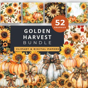 Harvest Fall Pumpkin Clipart, Autumn Pumpkin Harvest Clipart, Sunflowers And Pumpkins Clipart, Plaid Bow, Sunflower Fields Digital Papers