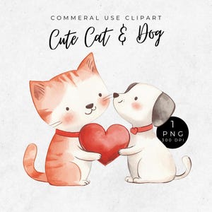Clipart de perro y gato de San Valentín, lindos gráficos de acuarela para amantes de las mascotas, adorables imágenes prediseñadas de animales de San Valentín, lindos gatos y perros sosteniendo corazones