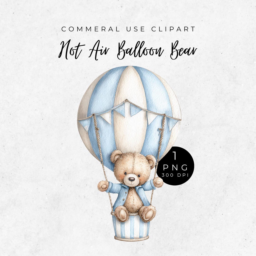 Baby Bear Hot Air Balloon Clipart, Watercolor Teddy Bear PNG, Cute ...