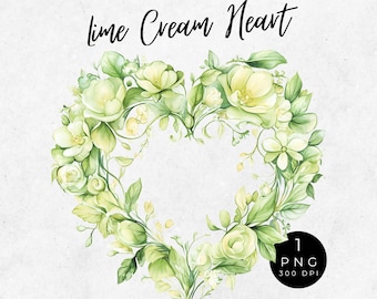 Floral Heart Clipart: Lime Cream Watercolor PNG (Digital Download)