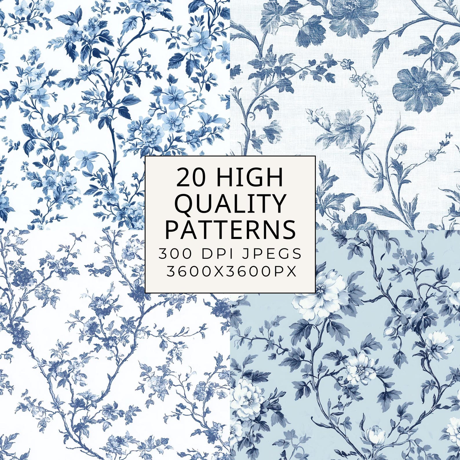 Blue Floral Toile De Jouy Digital Paper: Seamless Chinoiserie Patterns ...