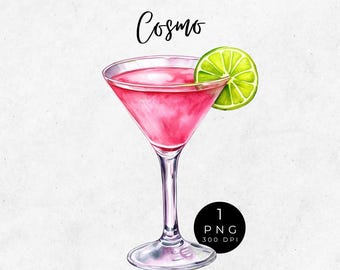 Watercolor Cosmopolitan Cocktail Clipart: Pink Cosmo Drink PNG (Digital Download)