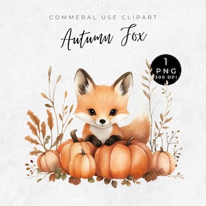 Clipart mignon renard automne, renard aquarelle, clipart animaux automne, animaux de la forêt automne, renard d'automne, graphiques d'automne aquarelle, citrouille