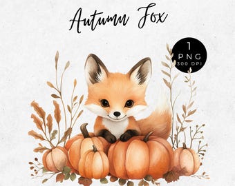 Watercolor Autumn Fox Clipart: Pumpkin Patch PNG (Digital Download)