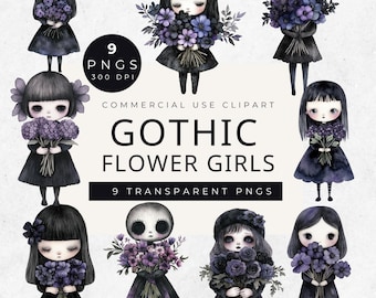 Watercolor Gothic Girls Clipart: Dark Whimsical PNG Illustrations (Digital Download)