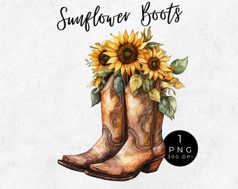 Stivali da cowboy con girasole PNG: Clipart floreale ad acquerello (download digitale)