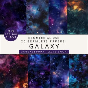 Puede incluir: 20 papeles digitales sin costuras con fondos de espacio de galaxia en tonos de azul, morado y naranja con estrellas. Los papeles son de 3600x3600 píxeles, 12x12 pulgadas y 300 DPI.