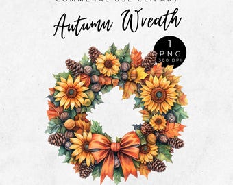 Watercolor Autumn Wreath Clipart: Sunflower, Pine Cones (Digital Download)
