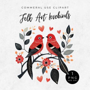 Clipart di uccelli innamorati di arte popolare scandinava, download digitale carino, artigianato e scrapbooking, grafica di uccelli innamorati di San Valentino, clipart di uccelli romantici