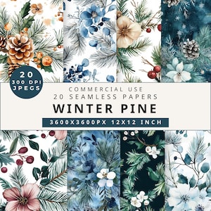Carta digitale senza soluzione di continuità "Pino invernale", pigne per matrimonio invernale, foresta di pini, carta digitale natalizia, sfondi natalizi, albero di pino