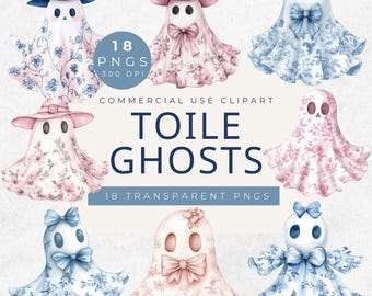 Toile Ghost Halloween Cliparts: Pink & Blaue Blumen PNGs (Digitaler Download)