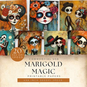 Tag der Toten Junk Journal Papiere, mexikanische Zuckerschädel Hintergründe, druckbare Ephemera, Halloween Sammelalbum, druckbare Dia De Los Muertos