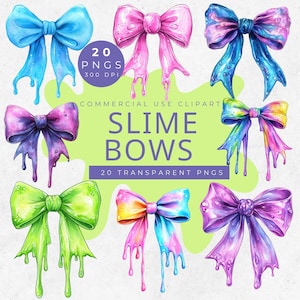 Watercolor Slime Clipart Bundle, Cute Clipart for Kids, Digital Download, Slime Party Decoration, Birthday Party, Halloween Coquette Bow PNG
