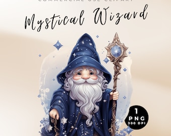 Watercolor Gnome Wizard Clipart: Mystical Celestial Design (PNG Digital Download)