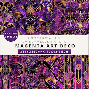 Papeles digitales Art Déco en tonos magenta y dorado, papeles digitales elegantes y repetibles, papeles para álbumes de recortes, patrones digitales Art Déco en tonos violeta y dorado
