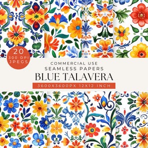 Carrelage Talavera mexicain, Carreaux sans couture Talavera bleus, Papier numérique pour scrapbooking, Motifs méditerranéens, Carrelage espagnol sans couture, Travaux manuels