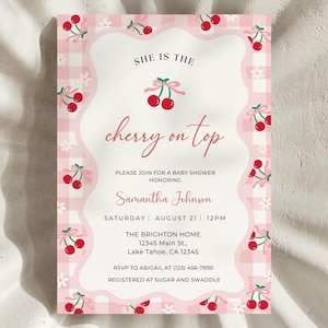 Cherry Baby Shower Invitation Template, Editable Cherry on Top Baby Shower Invitation, Printable Pink Baby Shower Invites,  A131