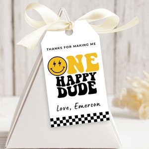 Étiquettes de faveur de 1er anniversaire Happy Dude, étiquettes de remerciement modifiables, étiquettes de sac de fête d'anniversaire premier anniversaire imprimables, A11