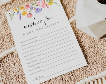 Tarjeta de deseos para bebé, tarjeta de consejos para baby shower "Bebé en flor", actividad imprimible de baby shower con flores silvestres, plantilla editable para baby shower, tamaño A12