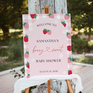 Strawberry Baby Shower Sign, Editable Berry Sweet Baby Shower Decor, Printable Girl Baby Shower Themed Sign, A125