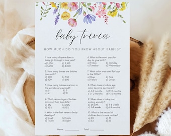 Baby Trivia Baby Shower Game, Printable Wildflower Baby Shower Activity, Editable Baby in Bloom Baby Shower Template, A12