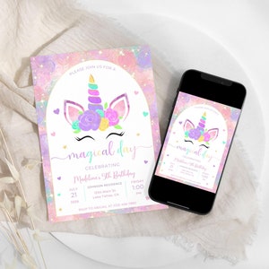 Unicorn Birthday Invitation, Editable Birthday Girl Party Invite, Printable Unicorn Birthday Party Invitation Template, Digital Download