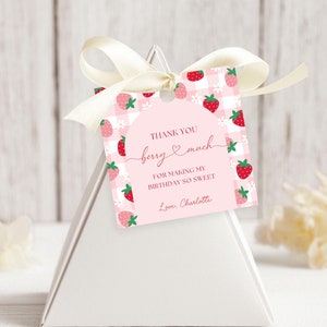 Beere Erster Geburtstag Gastgeschenkanhänger, bearbeitbare Erdbeere Geschenkanhänger zum 1. Geburtstag, druckbare Beere Erster Geburtstag Dankeschön Tags, A14