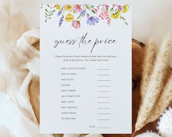 Guess the Price Baby Shower Game, Printable Wildflower Baby Shower Activity, Editable Baby in Bloom Baby Shower Template, A12