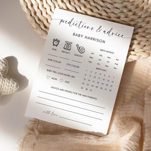 Prédictions et conseils pour une baby shower, jeu imprimable pour baby shower, modèle modifiable pour baby shower minimaliste, A129