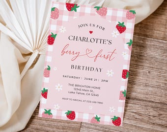 Printed & Shipped Berry First Birthday Invitation, Strawberry Birthday Invites A143