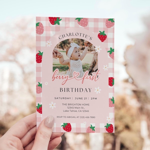Berry First Birthday Invitation Template, Editable Photo 1st Birthday Party Invitations, Printable Strawberry Birthday Invites, A14