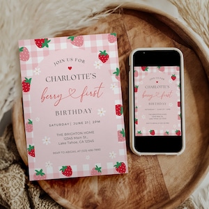 Berry First Birthday Invitation, Editable 1st Birthday Girl Invite, Printable Strawberry First Birthday Girl Invitation Template, A14