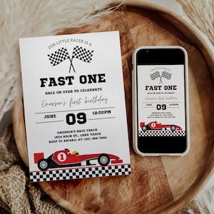 May include: A red and black race car birthday party invitation with a chequered flag design. The invitation says "Our little racer is a fast one" and includes the date and time of the party.