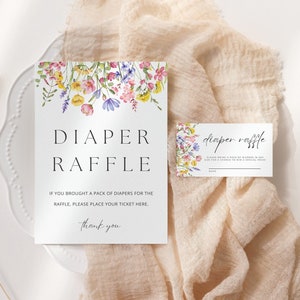 Signe de tombola de couches, carte imprimable de tombola de couches, décoration de baby shower de bébé en fleurs, signe de table de baby shower de fleurs sauvages, A12