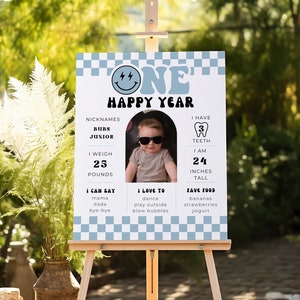 Póster de primer cumpleaños de "One Happy Dude", letrero azul editable para fiesta de primer cumpleaños, póster imprimible, tablero de hitos A13