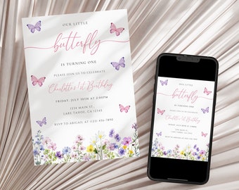Butterfly Birthday Invitation, Editable 1st Birthday Girl Invite, Printable Butterfly Theme Birthday Invitation Template, Instant Download
